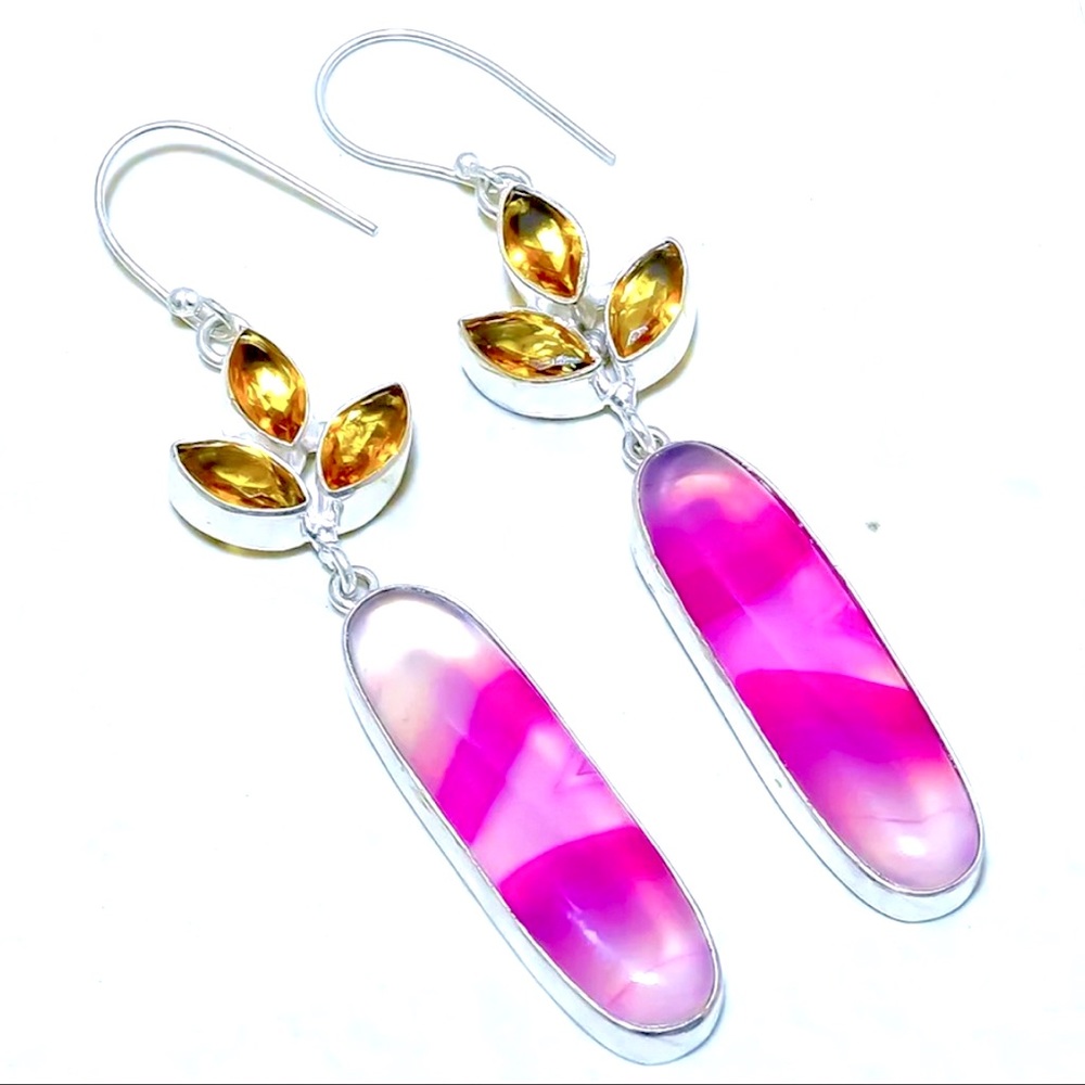 Pink Lace Banded Agate/Citrine Designer Earrings